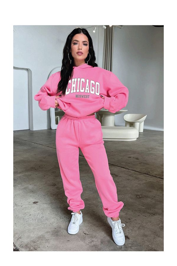 DUBU BUT K Chicago Tracksuit Set Sweatshirt Jogger Pink Printed Oversize Hoodie Trendyol
