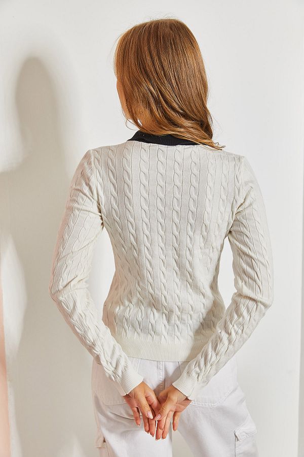 Bianco Lucci Damen-Pullover mit Hemdkragen und Haargeflecht - Trendyol
