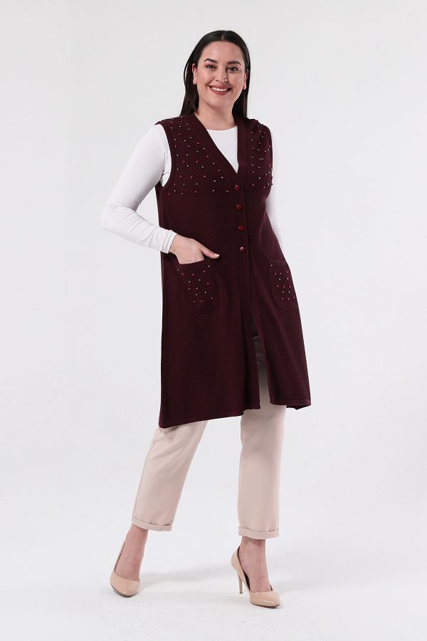 Laden Knitwear Plus Size Seasonal Mother s Long Stony Burgundy Vest Trendyol