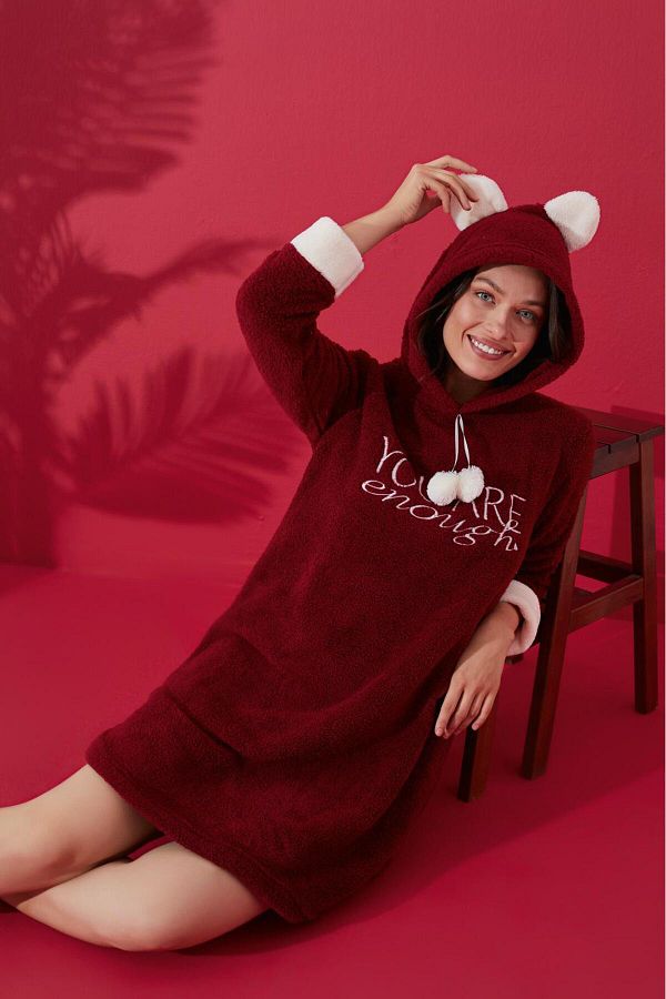Farya Home Luxury Soft Welsoft Fleece Hooded Pocket Patterned Plush Nightgown Dress Trendyol