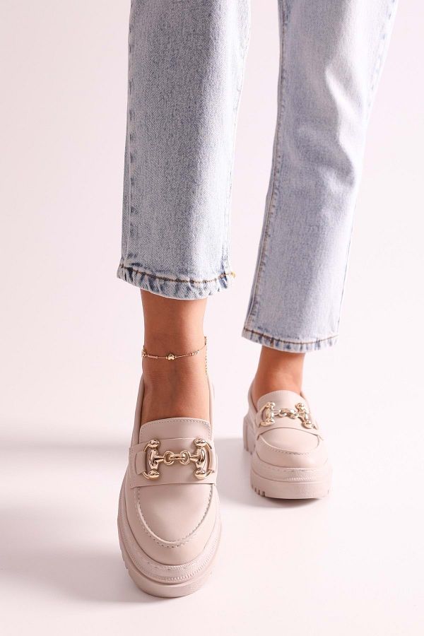 Shoeberry-Damen Rex Beige Skin Loafer mit dicker Sohle und Schnalle Beige Skin 1