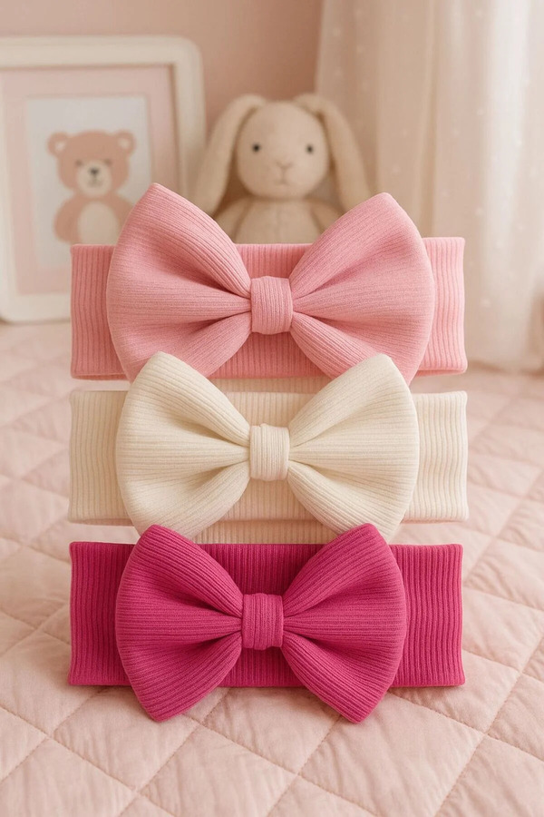 Pico Baby Kız Bebek & Çocuk Fiyonklu Çift Kat Bandana 3'lü Set (Pembe/Krem/Fuşya)