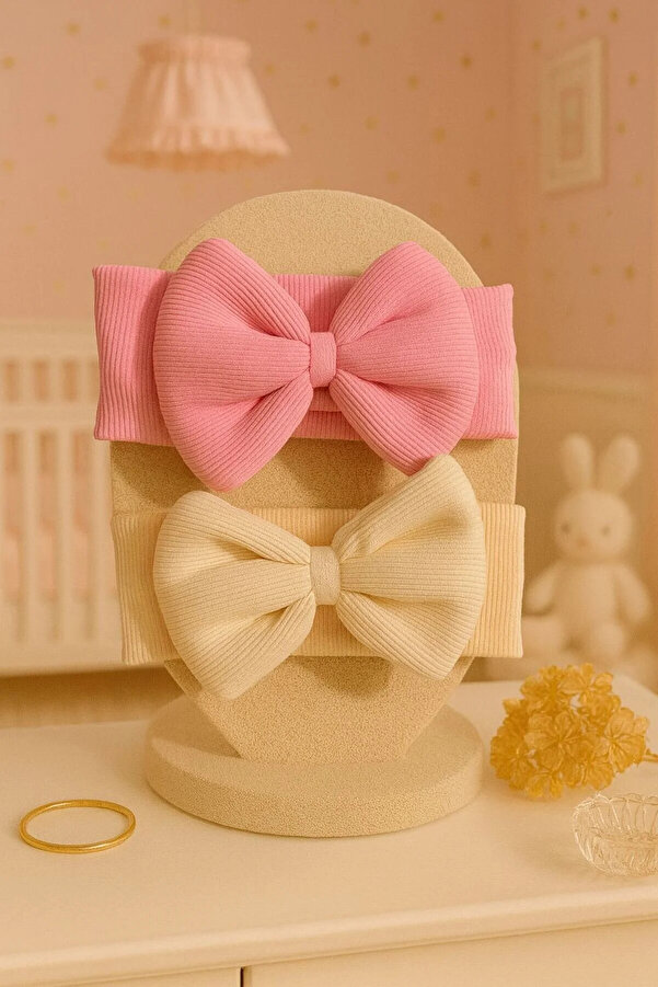 Pico Baby Kız Bebek & Çocuk Fiyonklu Çift Kat Bandana 2'li Set (Krem/Pembe)
