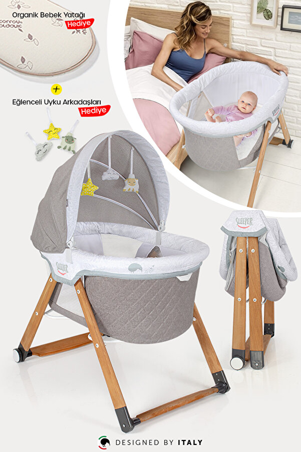 Kiwi Sleeper Anne Yanı Reflü Ayarlı Park Yatak Tekerli Katlanır Ahşap Beşik- Vizon