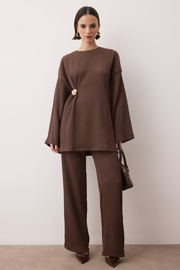 Trendyol Modest Brown Adjustable Metal Buckle Wide Fit Knit Top - Bottom Set TCTAW26US00065