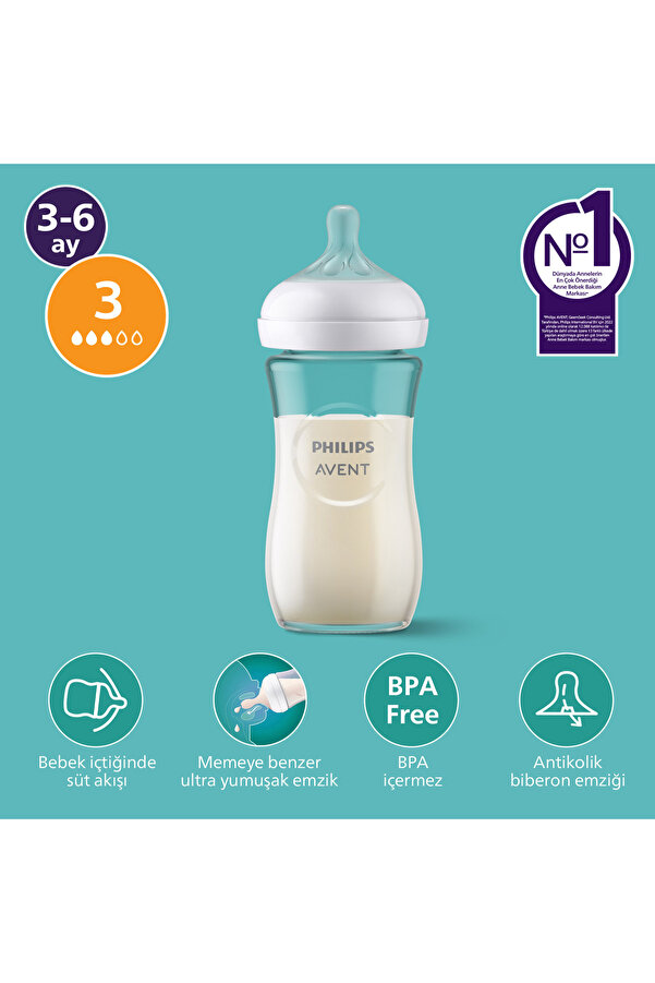 Philips Avent Doğal Tepkili Cam Biberon, 240ml, 3-6  Ay, SCY933/01