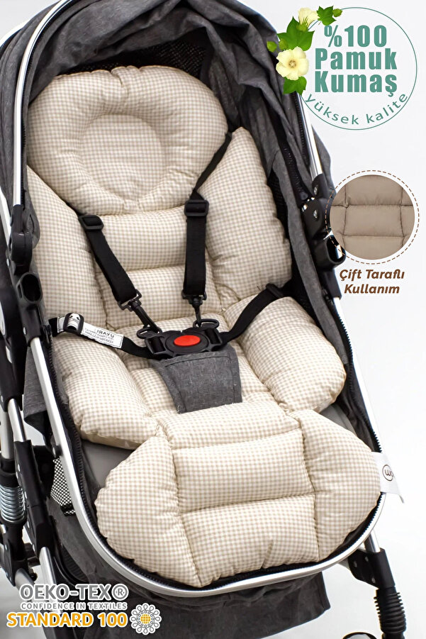 mordesign Bebek Arabası Minderi, Bel Destekli, Ekose Desen, Kahverengi