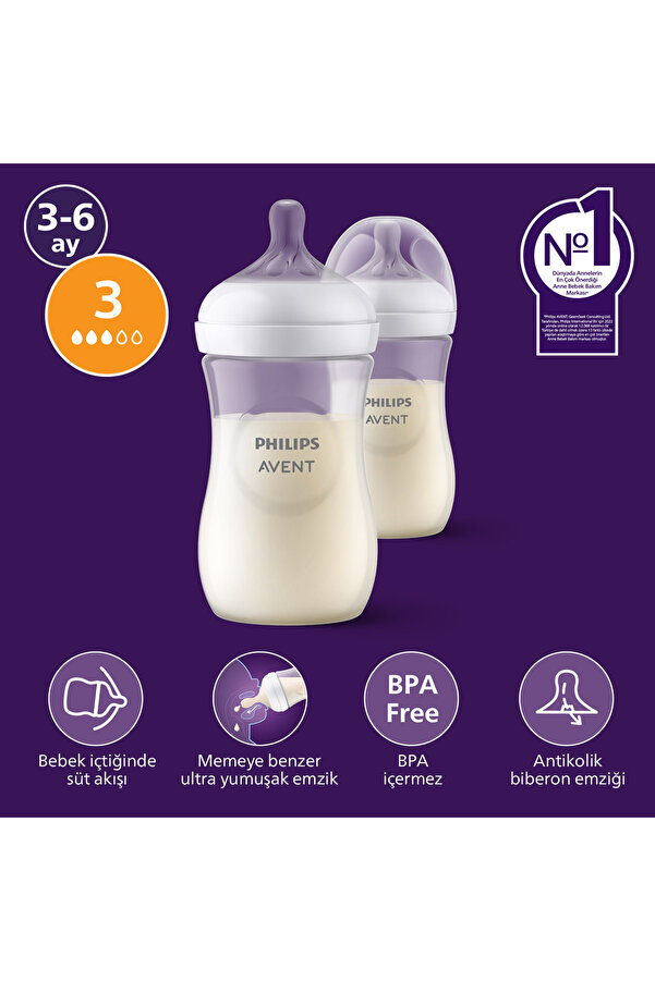 Philips Avent Doğal Tepkili 2'li PP Biberon Seti, 260ml, 3-6 Ay, SCY903/02