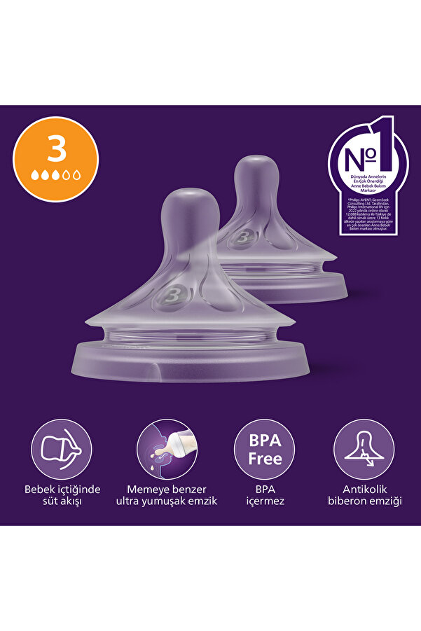 Philips Avent SCY963/02 Doğal Tepkili Natural Response 2'li Biberon Emziği No:3 1Ay+