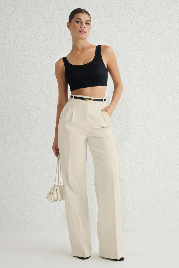 Trendyol Collection Ecru Pleated Wide Leg Woven Trousers TWOAW25PL00109 Palazzo