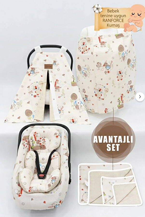 mordesign Ortopedik Bebek Puset Minderi, Örtü, Çarşaf, Bebek Pikesi, Emzirme Önlüğü, 5'li Set, Animal Serisi