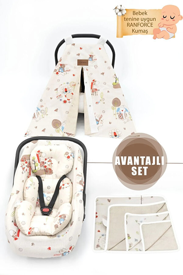 mordesign Çift Taraflı Ortopedik Puset Minderi, Örtü, Çarşaf Ve Bebek Pikesi, 4' Lü Seyahat Set, Animal Serisi