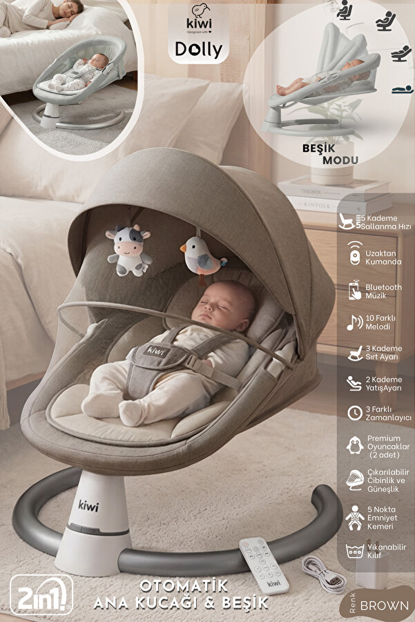 Kiwi Dolly 2in1 Otomatik Sallanan Kademe Ayarlı  Beşik ve Anakucağı -Dark Brown