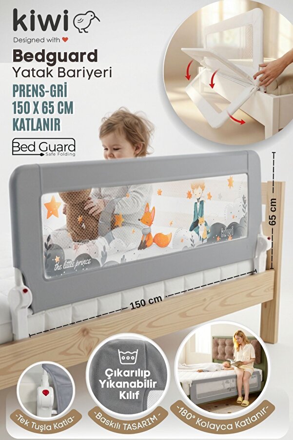 Kiwi Bed Guard Asansörlü, Gri, Küçük Prens Desenli Çocuk Yatağı Korumalığı 150x60-70 cm
