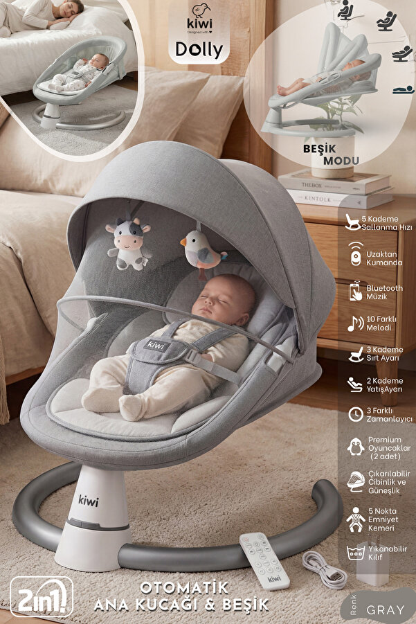 Kiwi Dolly 2in1 Otomatik Sallanan Kademe Ayarlı  Beşik ve Anakucağı -Gray