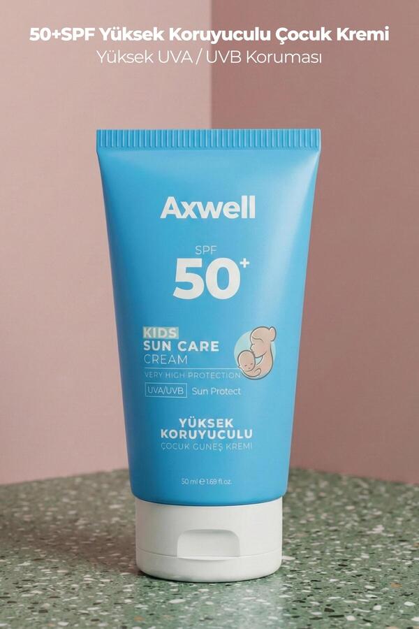 AXWELL SPF 50+ Yüksek Koruma Yüz Vücut Çocuk Güneş Koruyucu Suya Dayanıklı Tüm Ciltler İçin 50ml