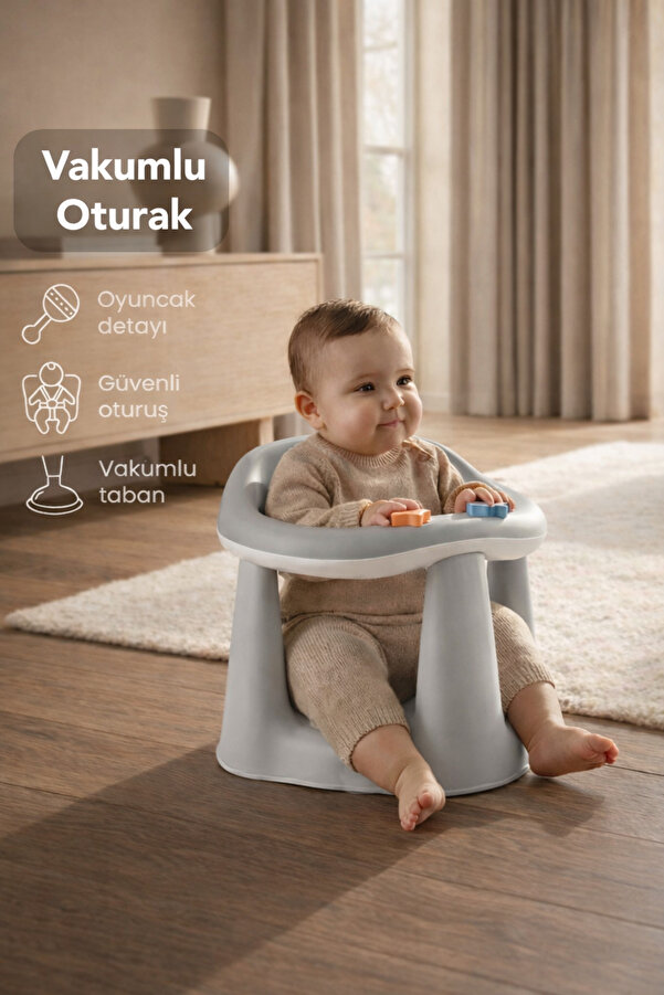 Meleni Baby Bebek Banyo Oturağı - Vakum Tabanlı Bebek Mama Oturağı Gri
