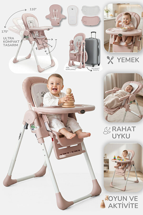 Kiwi Koala Mama Sandalyesi Portatif Katlanır Yükseklik Ayarlı Tekerlekli İçi Pedli - Rose Pink