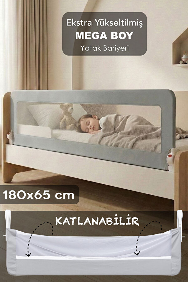 Meleni Baby 180x65 Cm Katlanır Bebek Yatak Bariyeri - Mega Boy Koruma Bariyeri Koruyucu Baza Korkuluğu Gri