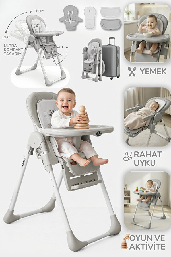 Kiwi Koala Mama Sandalyesi Portatif Katlanır Yükseklik Ayarlı Tekerlekli İçi Pedli - Gri Renk