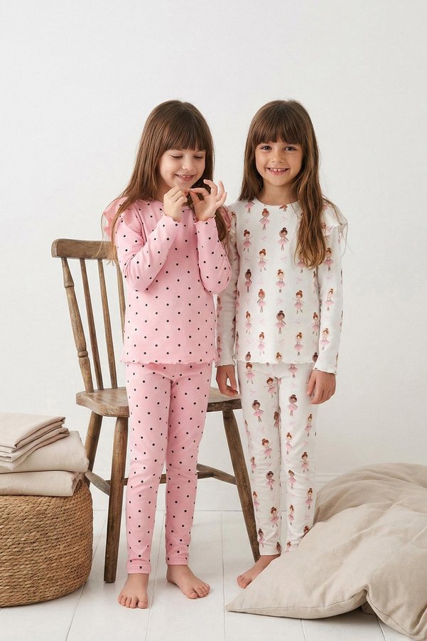 TRENDYOLKIDS Girls' Regular Knit Top and Bottom Pajama Set, Soft Texture, Powder-Ecru Printed, Pack of 4