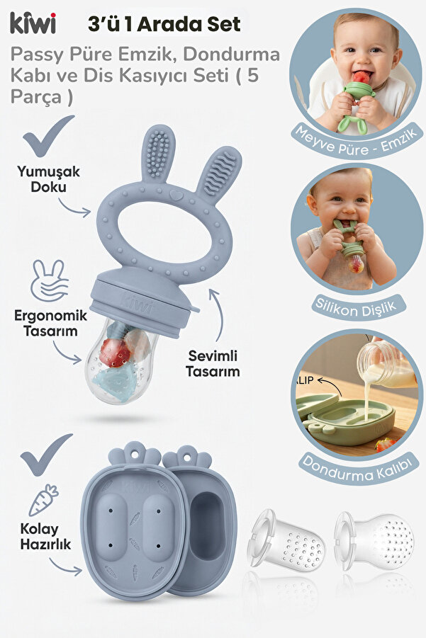 Kiwi Passy Püre Emzik ve Diş Kaşıyıcı Bebek Meyve Süzgeci+Buz Kalıbı - Dusty Blue