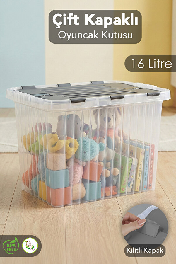 Meleni Baby Kilitli Kapak Oyuncak Kutusu - Bebek Çocuk Odası Düzenleyici - Çok Amaçlı Organizer - 16 Lt Antrasit