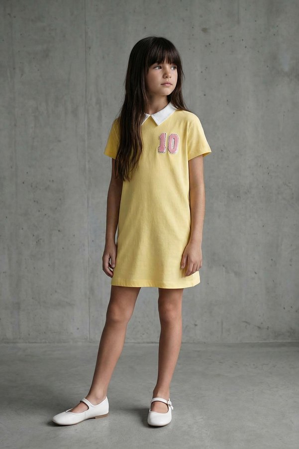 TRENDYOLKIDS Yellow Girls 100% Cotton Embroidered Shirt Collar Short Sleeve Short Knitted Dress Tkdss25El00090