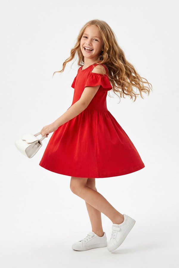 TRENDYOLKIDS Red Girls Shoulder Cut Out Cotton Short Sleeve Holiday Knit Dress TKDSS24EL00003