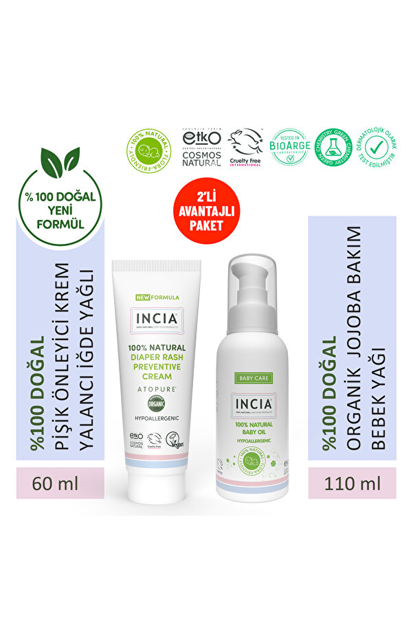 INCIA %100 Doğal Pişik Önleyici Jel Krem 60 ml & %100 Doğal Bebek Yağı Organik Masaj Yağı 110 ml Set