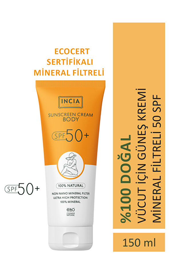 INCIA %100 Doğal Vücut Güneş Kremi Leke Karşıtı Mineral Filtreli Yüksek Koruma SPF 50+ UVA UVB 150 ml