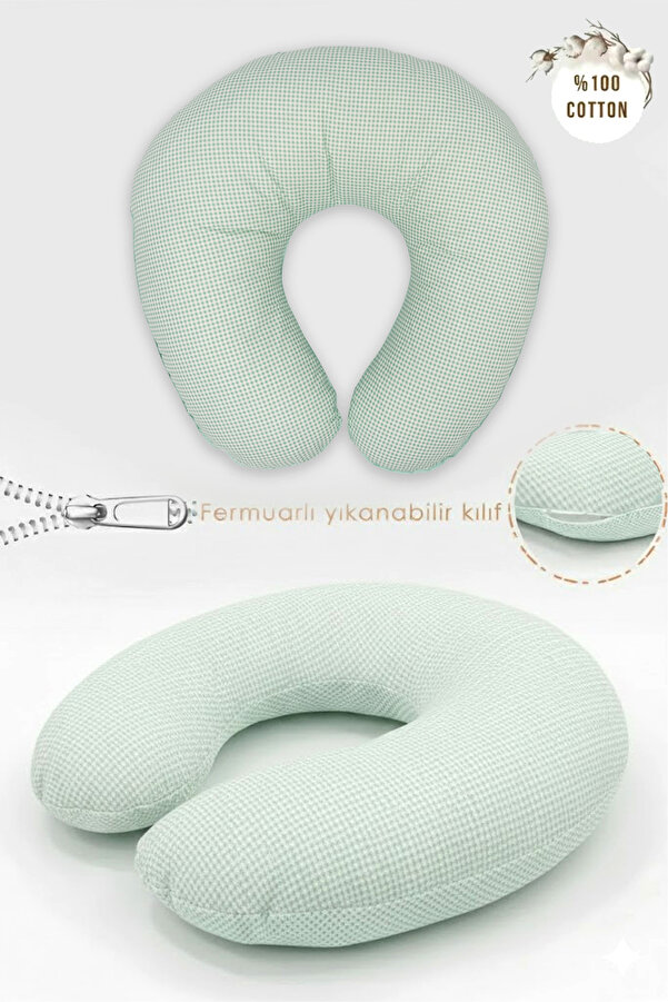 mordesign Çift Taraflı Emzirme Yastığı Bebek Destek Minderi Hamile Yastığı  Pamuk Kumaş Ekose, Mint