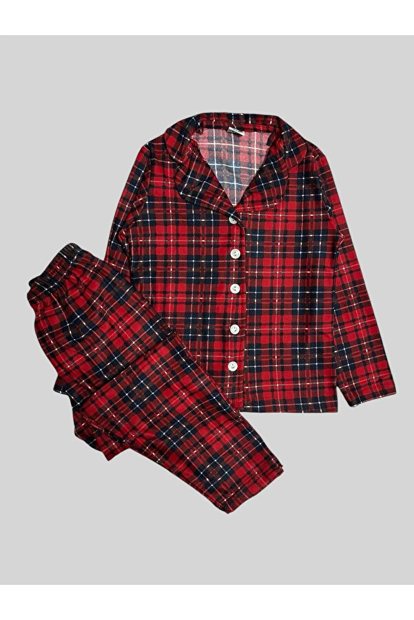 ALİŞ KİDS Erkek Çocuk Pamuklu Süet Kumaş Kırmızı Ekose Desen Gömlek Yaka Boydan Düğmeli Pijama Takımı
