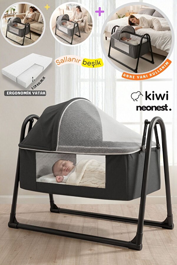 Kiwi Neonest Anne Yanı Cibinlikli Ve Tenteli, Sallanır. Keten , Portatif Sepet Beşik