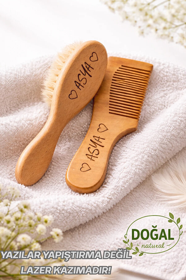 fikirstore %100 Gerçek Keçi Kılı Doğal Yumuşacık Bebek Saç Fırçası Ve Doğal Ahşap Tarak Seti