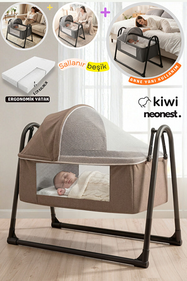 Kiwi Neonest Anne Yanı Cibinlikli Ve Tenteli, Sallanır. Keten , Portatif Sepet Beşik