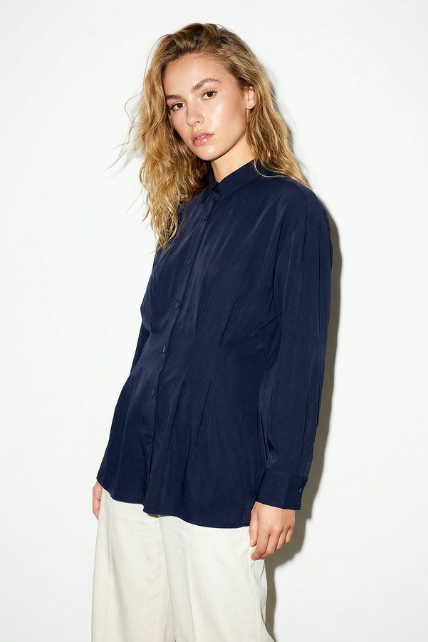 Drop by TrendyolMilla Navy Blue Front Pleated Modal Shirt Tdrss26Go00010