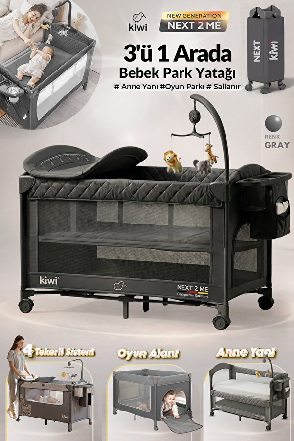 Kiwi Next To Me Anne Yanı Park Yatak Katlanır Beşik,Tekerlekli,Yan Açılır,Dönence+Cibinlik 70x110 - Siyah