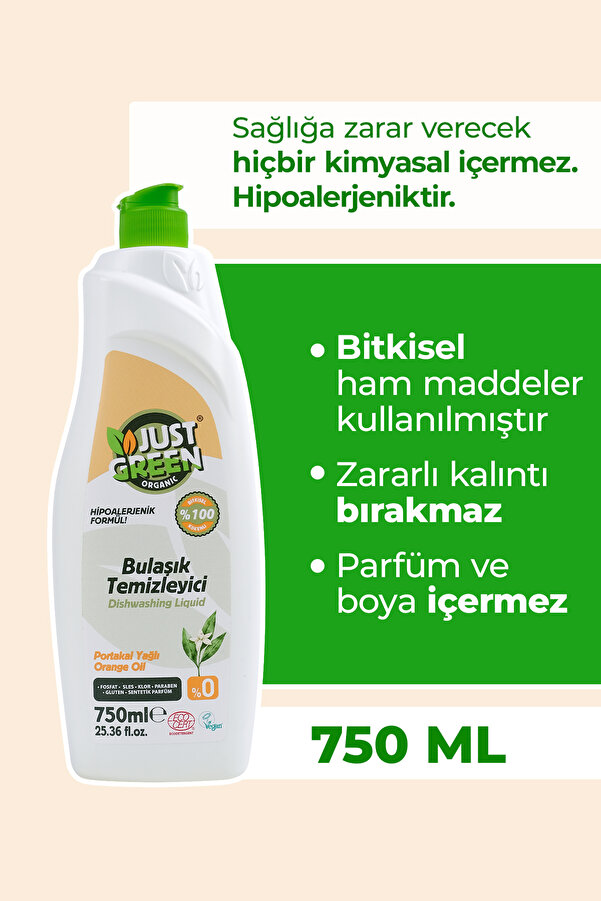 Just Green Organic Bitkisel Elde Bulaşık Deterjanı Portakal Yağlı - %100 Doğal Ve Ferah Temizlik (750 ML) Yerli Üretim