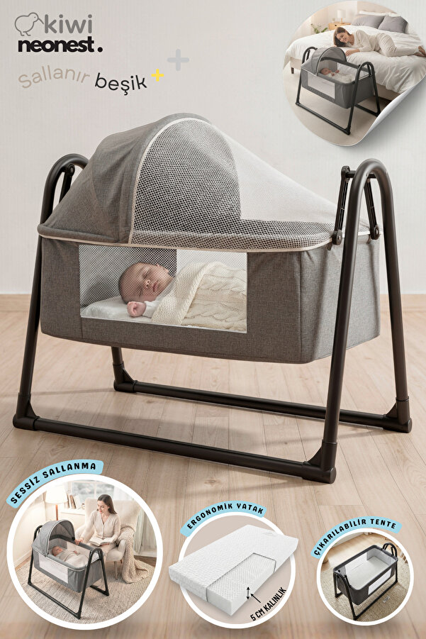 Kiwi Neonest Anne Yanı Kalın Yataklı Cibinlikli Ve Tenteli, Sallanır. Portatif Sepet Beşik Yeni Antrasit