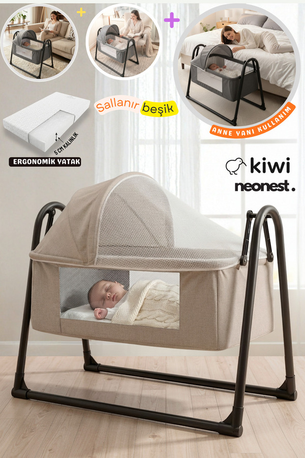 Kiwi Neonest Anne Yanı Kalın Yataklı Cibinlikli Ve Tenteli, Sallanır. Portatif Sepet Beşik Yeni Latte