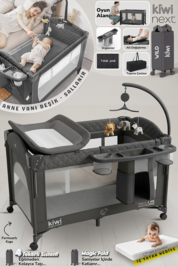 Kiwi Wild 3in1 Anne Yanı Park Yatak Katlanır Beşik, Tekerlekli, Yan Açılır, Müzik+Oyuncak+Cibinlik 70x110