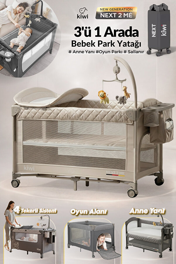 Kiwi Next To Me Anne Yanı Park Yatak Katlanır Beşik,Tekerlekli,Yan Açılır,Dönence+Cibinlik 70x110- Coffee