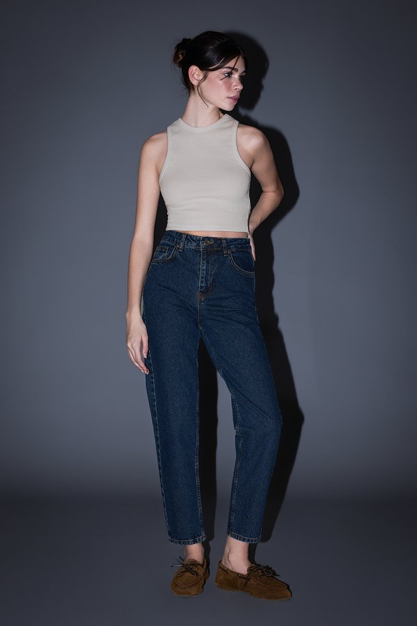 Trendyol Collection Dark Blue High Waist Ankle Length Less Stretch Mom Jeans Twoss26Je00112