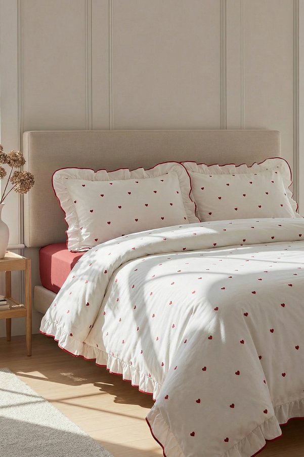 Trendyol Home Double Ruffled Heart Printed Duvet Cover Set TPHSS26CKN00001