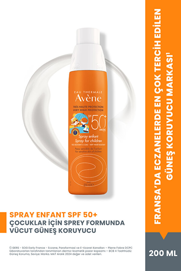 Avene Çocuk Sprey Güneş Kremi SPF 50+ Vücut için Yüksek Koruma Sağlayan Hassas Güneş Kremi 200 ml
