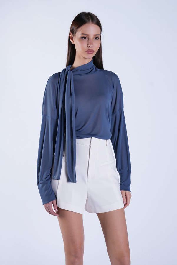 Trend Alaçatı Stili Indigo High Neck Transparent Blouse with Fixed Scarf Detail Alc-X15154