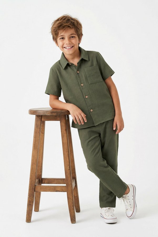 TRENDYOLKIDS Khaki Textured Boys Woven Festive Top & Bottom Set TKDSS26AU00014
