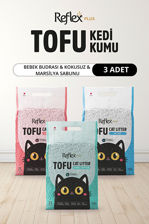 Reflex Plus Kokusuz & Bebek Pudrası & Marsilya Sabunu Kokulu Tofu Kedi Kumu 7L x 3 Adet