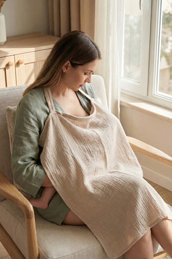 HAMUR Müslin Anne Bebek Emzirme Önlüğü %100 Pamuk Çok Amaçlı Bebek Arabası Puset Örtüsü Bej